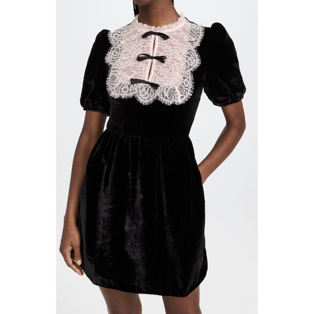 Saloni Cherie Bows Lace Velvet Mini Dress Black Pink Beaded Crystal US 6